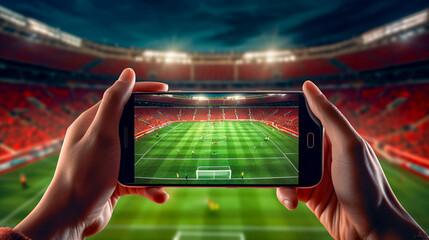 Zbliżenie na telefon komórkowy trzymany poziomo przez osobę robiącą zdjęcie stadionu piłkarskiego.