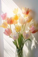 Pastel multicolored tulip flowers in a glass vase over white background in sunlight