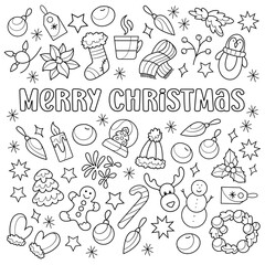 Christmas coloring page with Merry Christmas wishes, cute drawings of Christmas tree, reindeer, candles, penguin, stars, poinsettia, stocking, fireworks, candy cane, gingerbread man, snowman, wreath