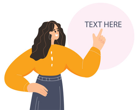 Young beautiful woman Pointing finger and showing upper right corner with happy expression advices use this copy space wisely concept illustration.