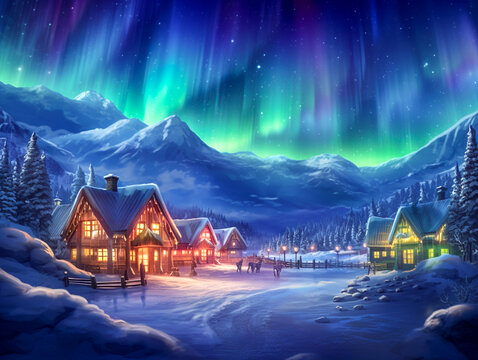 Zimowa kraina czarów z zorzą polarną, pokrytymi śniegiem domami i migoczącymi światłami.