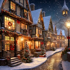 Fototapeta na wymiar Christmas and New Year in european city. Christmas tree, houses and lanterns on a snowy street.