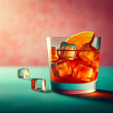 A whiskey glass with ice cubes and an orange slice on a teal backdrop. The image is vibrant and elegant.