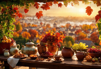 View to a rustic terrace filled with pots with fruits - obrazy, fototapety, plakaty