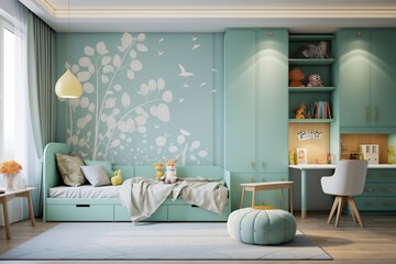 A captivating children's bedroom with a 3D intricate pattern in mint green on the wall decals, a refreshing and modern theme, and a pull-down Murphy bed for space-saving