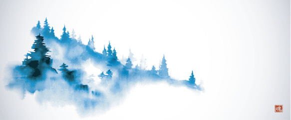 Sumi-e blue ink wash painting of a misty forest on a hillside. Translation of hieroglyph - soul - obrazy, fototapety, plakaty