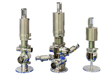 various type of stainless steel sanitary mix valve for manufacturing aseptic process of food beverage or pharmaceutical industrial isolated on white with clipping path