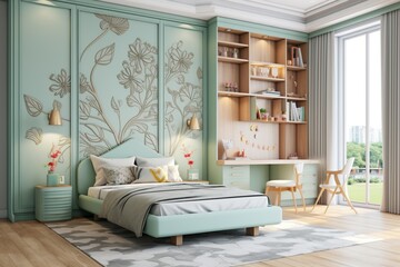 A captivating children's bedroom with a 3D intricate pattern in mint green on the wall decals, a refreshing and modern theme, and a pull-down Murphy bed for space-saving - obrazy, fototapety, plakaty
