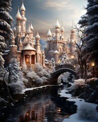 Magic kingdom of fairytale castle and bridge in winter. Fairytale landscape.