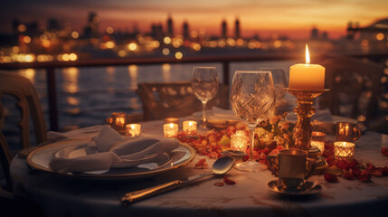 Fototapeta na wymiar A romantic dinner setup on a boat or ship.