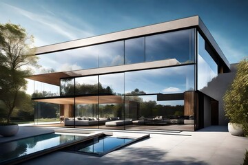 A sleek modern house with large glass windows, reflecting the serene blue sky and surrounded by a perfectly manicured garden.