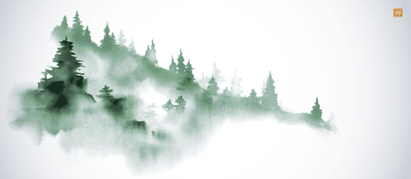 Sumi-e ink wash painting of a green misty forest on a hillside. Translation of hieroglyph - well-being