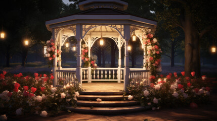 Fototapeta na wymiar A romantic gazebo decorated with lights and flowers.