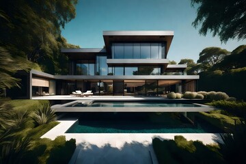 Fototapeta premium An architecturally stunning mansion with a sleek, reflective facade, nestled within a beautifully landscaped garden.