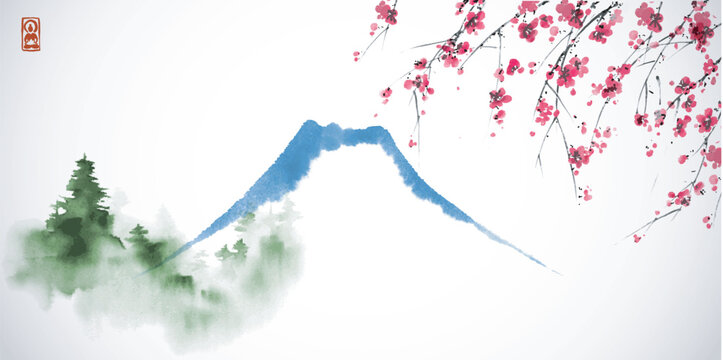 Vector image of Fuji mountain, green pine trees and sakura blossom, in traditional ink wash painting style sumi-e, serene and minimalist