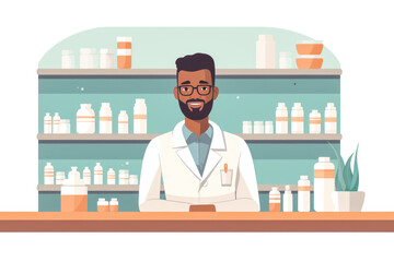 consult with a knowledgeable pharmacist in a well-stocked pharmacy, seeking expert advice and assistance with their medical needs.
