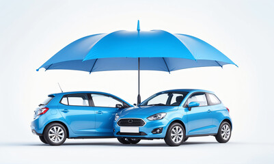 safety assurance concept: blue cars stay dry under a whimsical blue umbrella, car protection concept