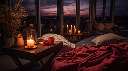 A romantic movie night set up at home.