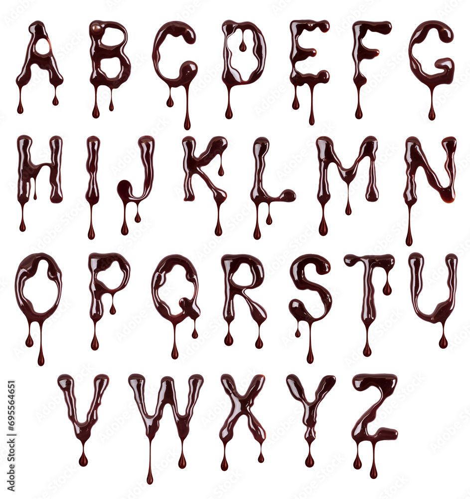 Fototapete glossy large letters of the latin alphabet made of chocolate with dripping drops isolated on a white