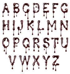 Glossy large letters of the Latin alphabet made of chocolate with dripping drops isolated on a...
