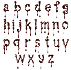 Glossy small letters of the Latin alphabet made of chocolate with dripping drops isolated on a...