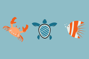 Marine set of sea animals. Crab, turtle an fish on blue background. Cute cartoon vector characters