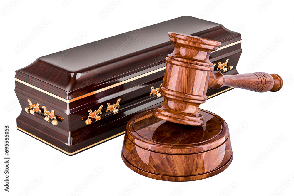 Poster coffin with wooden gavel, 3d rendering isolated on transparent background