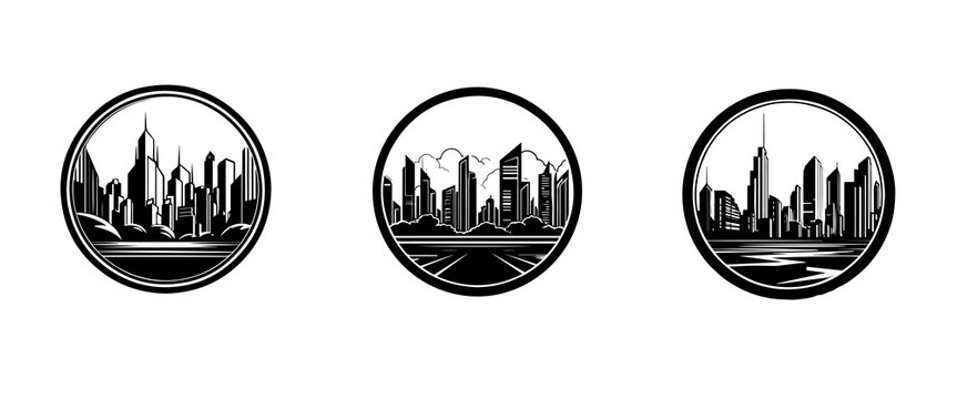 business logo with cityscape , line art black  and white 