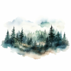Watercolor style image of a deep dark green forest. 