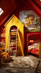 A bright children's bedroom with a 3D intricate pattern in sunflower yellow on the toy organizer, a crimson red rocking chair, a farm life theme, and a barn-shaped bed with a hayloft