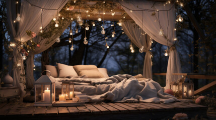 Fototapeta na wymiar A romantic setup with a canopy and fairy lights.