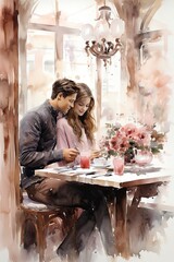A romantic scene of a couple exchanging Valentine's gifts in a cozy watercolor setting