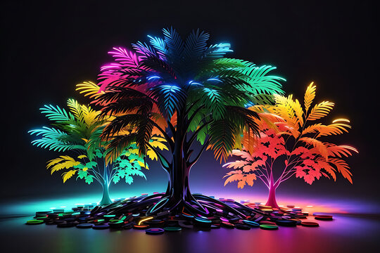 Creativity by neon palm isolated black background with reflective light. Concept of colorful and multicolored florescent lighting tree