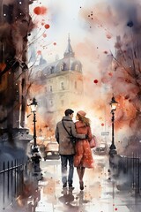 A romantic watercolor scene of a couple exchanging Valentine's gifts