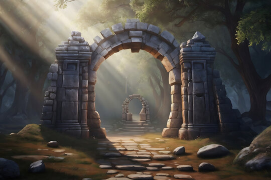 Fantasy landscape with a portal archway. Ancient magical stone gates show another dimension of reality