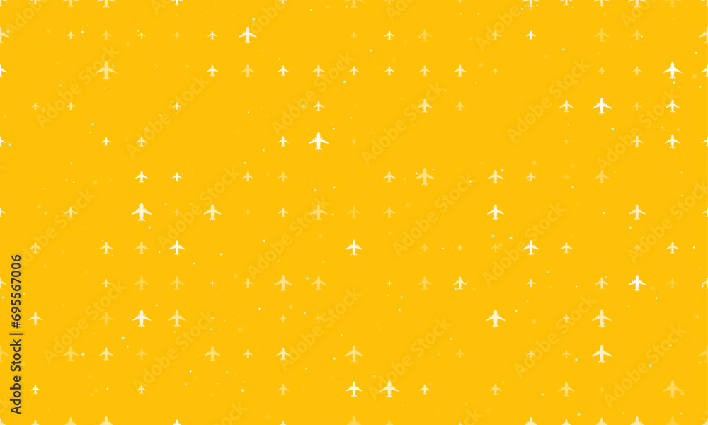 Poster seamless background pattern of evenly spaced white airplane symbols of different sizes and opacity. 