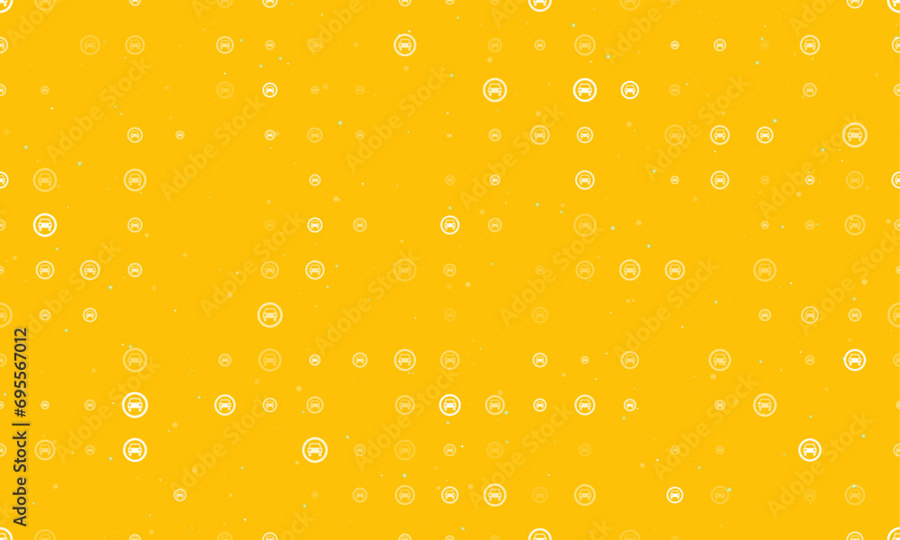 Poster seamless background pattern of evenly spaced white no car signs of different sizes and opacity. vect