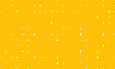 Seamless background pattern of evenly spaced white airplane symbols of different sizes and opacity. Vector illustration on amber background with stars