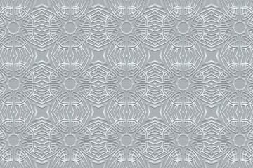 Embossed silver background, vintage cover design. Handmade, boho, unique ornaments, arabesques. Geometric ethnic 3D pattern. Tribal traditions of the East, Asia, India, Mexico, Aztec, Peru.