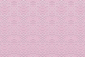 Embossed satin pink background, vintage cover design. Handmade, boho, artistic ornaments, arabesques. Geometric ethnic 3D pattern. Tribal traditions of the East, Asia, India, Mexico, Aztec, Peru.