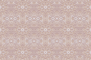 Embossed satin light background, vintage cover design. Handmade, boho, stylish ornaments, arabesques. Geometric ethnic 3D pattern. Tribal traditions of the East, Asia, India, Mexico, Aztec, Peru.