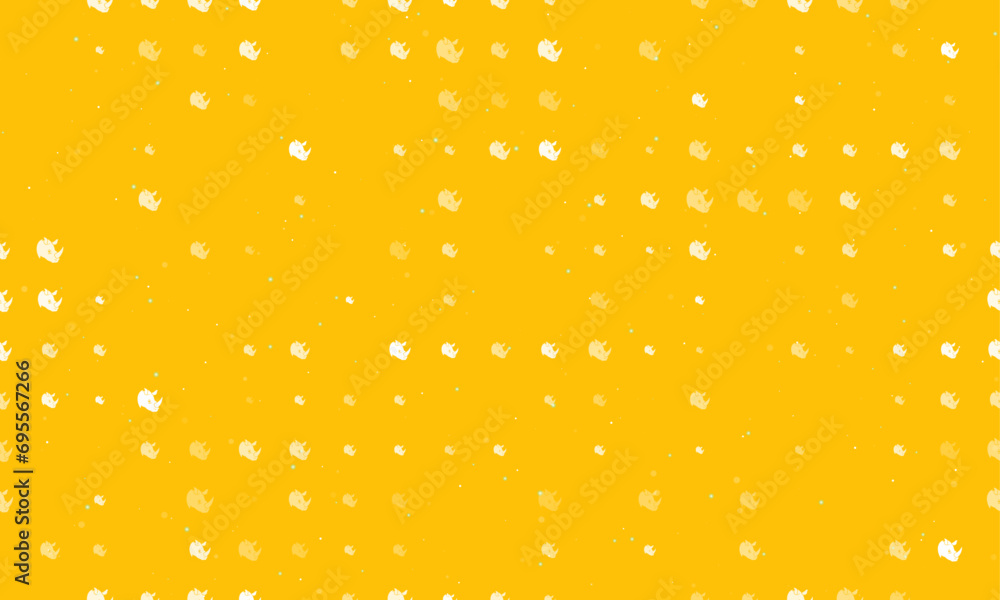 Poster seamless background pattern of evenly spaced white rhino head logos of different sizes and opacity. 