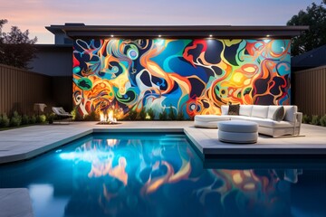 A contemporary backyard with a pool featuring an abstract art mural backdrop, its reflections creating 3D intricate, artistic patterns in the water, mural magic