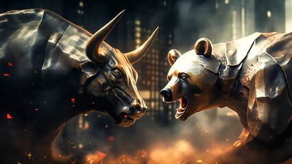 Illustration of bull and bear fighting - stock or crypto market concept. High quality photo - obrazy, fototapety, plakaty
