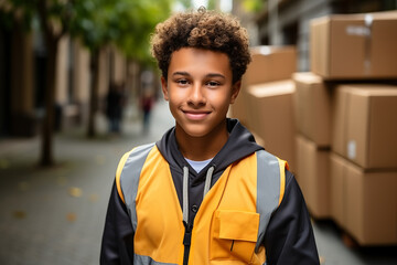 Obraz premium young apprentice in a parcel delivery job. first job concept . ai generated