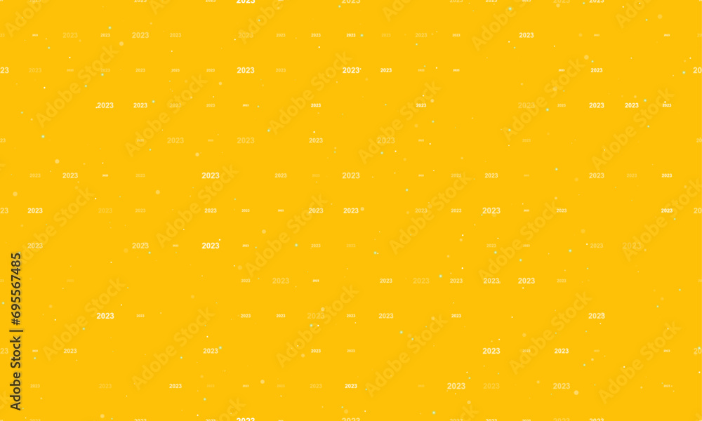Poster seamless background pattern of evenly spaced white 2023 year symbols of different sizes and opacity.