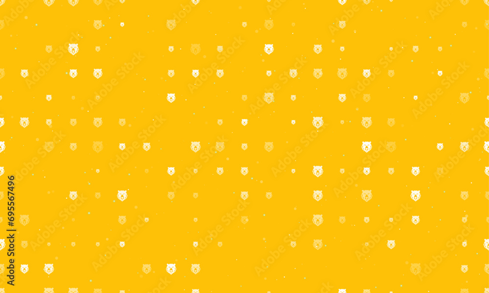 Poster seamless background pattern of evenly spaced white bear head icons of different sizes and opacity. v
