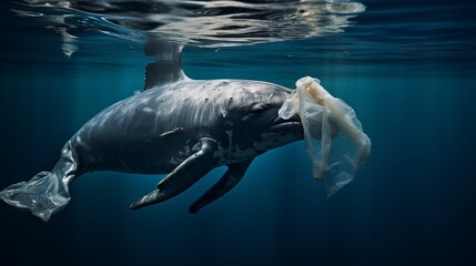 Whales are being encouraged to swim with plastic bags floating as part of an ocean pollution campaign.