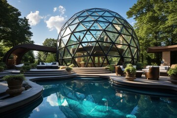 Obraz na płótnie Canvas A contemporary backyard with a pool and a retractable glass dome, the dome's reflections creating 3D intricate, geometric patterns, domed delight