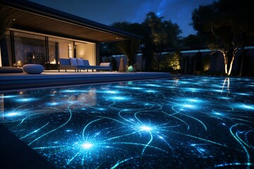 A contemporary backyard with a pool featuring a fiber optic starlight bottom, creating 3D intricate, starry patterns, celestial serenity
